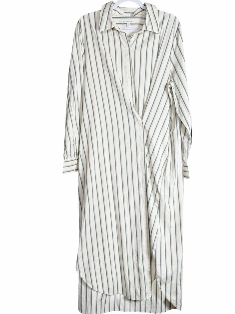 Banana Republic Cream Green Striped Long Sleeve Asymmetric Poplin Shirt Dress XL